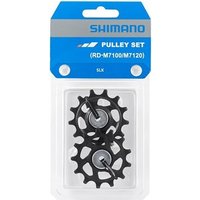 "Black Shimano SLX RD-M7100 pulley set in clear packaging with blue label, featuring tension and guide pulleys."