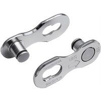 Shimano SM-CN910 Quick Link, silver metal bike chain connector with oval holes and engraved branding.