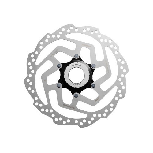 Black Shimano SM-RT10 Tourney TX Centre-Lock disc rotor, 160mm, featuring a circular design with cutouts and a central locking mechanism for easy installation.