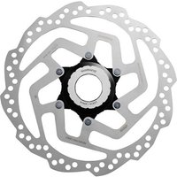 Shimano SM-RT10 silver disc rotor with black center, designed for resin pads, featuring a wavy edge and multiple holes.