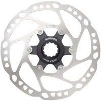 Silver Shimano SM-RT64 disc rotor with black center-lock hub, 180mm diameter, featuring cut-out design.