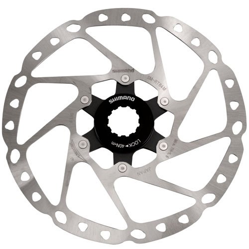 Shimano SM-RT64 M665 SLX Centre-Lock disc rotor features a shiny silver stainless steel surface with a central black lock ring, measuring 203mm in diameter and designed for optimal braking performance.