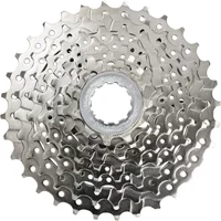Silver Shimano Sora HG50 8-speed cassette with multiple sprockets and a central mounting hole.