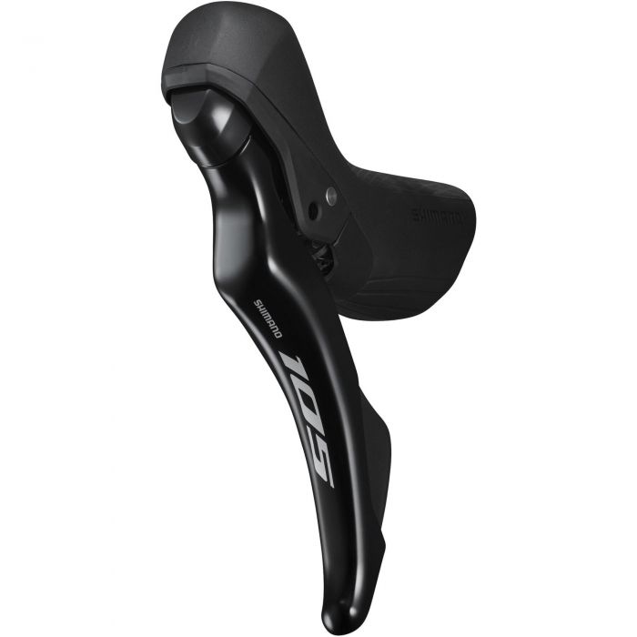 Black Shimano ST-R7120 105 hydraulic STI lever features a sleek design, ergonomic grip, and integrated shift and brake controls for 12-speed systems.