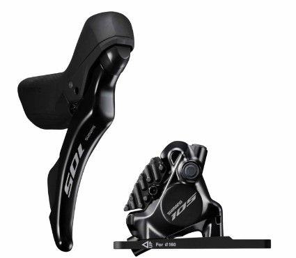 Shimano ST-R7120 105 hydraulic disc brake set featuring a black ergonomic lever and a sleek caliper with multiple pistons, designed for high-performance cycling.