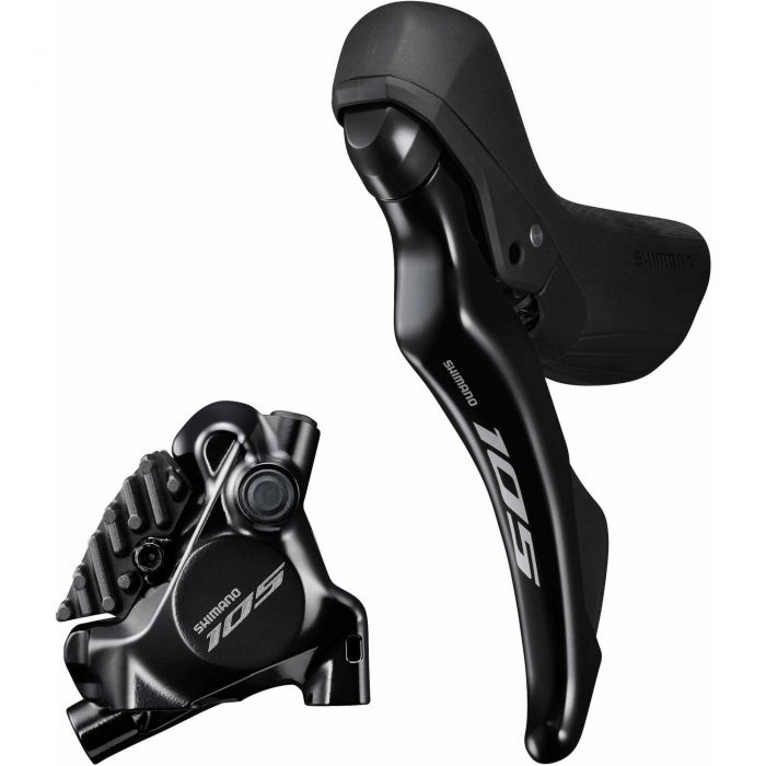 Shimano ST-R7120 105 hydraulic disc brake set in black, featuring a sleek lever with ergonomic design and a compact brake caliper with prominent 105 branding.