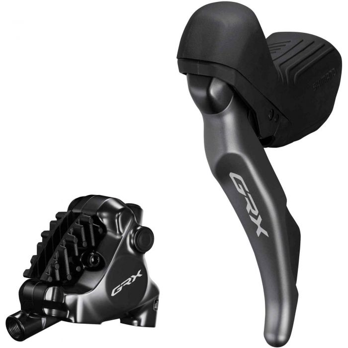 Shimano ST-RX820 GRX 12-speed hydraulic disc brake set featuring a sleek black and silver design with ergonomic lever and compact brake caliper.
