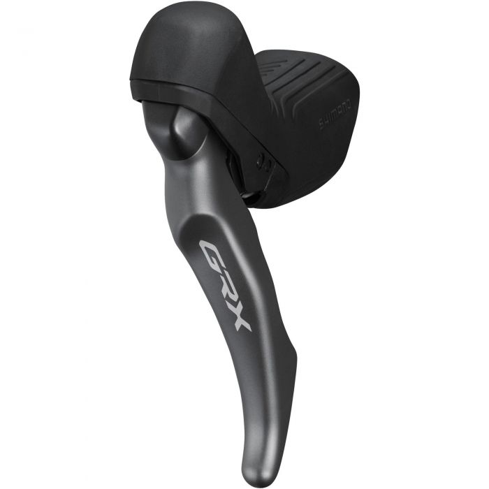 Shimano ST-RX820-LA GRX lever features a sleek black and silver design, with a textured grip and ergonomic shape for brake and dropper post control.