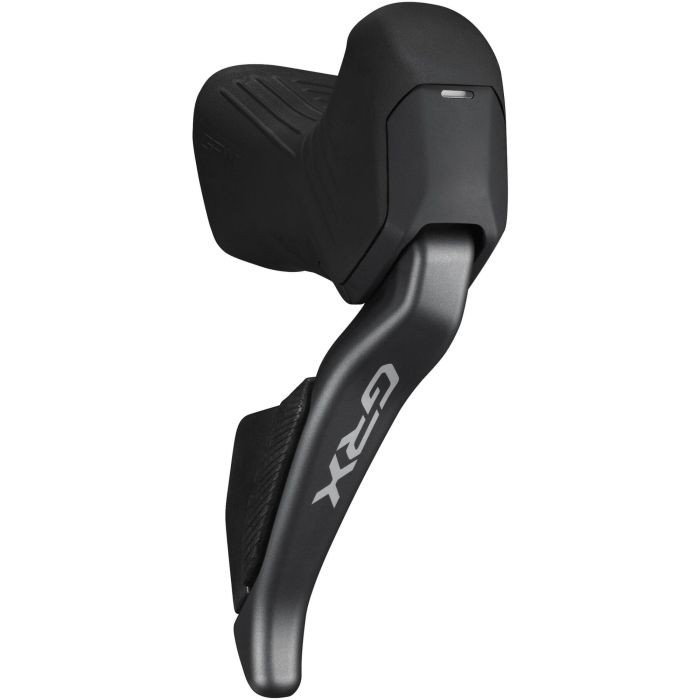Shimano ST-RX825 GRX Di2 STI lever in black with a sleek design, featuring a textured grip and a silver G-RX logo, designed for 12-speed shifting on the front right hand.