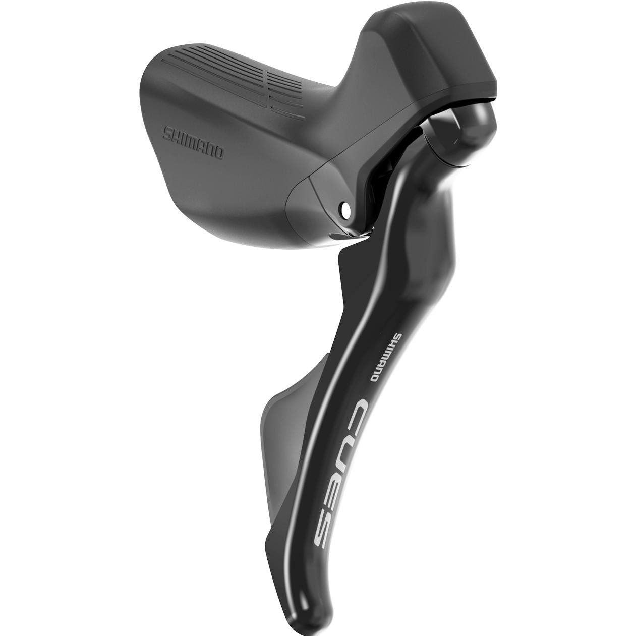 Black Shimano ST-U3030 CUES 10-speed mechanical disc brake right-hand shifter features a sleek ergonomic design with a textured grip and clear branding on the lever.