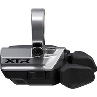 "Silver Shimano XTR Di2 wireless shift switch with black dual levers and band-on mount"
