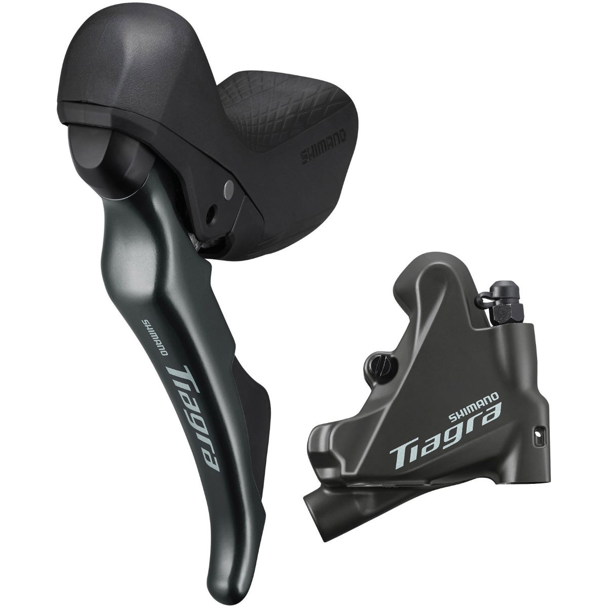 Shimano Tiagra 4720 shift levers in dark gray with textured black hoods, paired with hydraulic disc calipers, featuring a sleek design and clear branding.