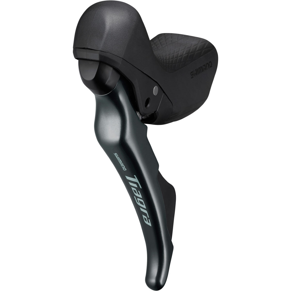 Shimano Tiagra 4720 10-speed STI shift levers in black and metallic grey, featuring ergonomic design and textured grip for front shifting and rear braking.