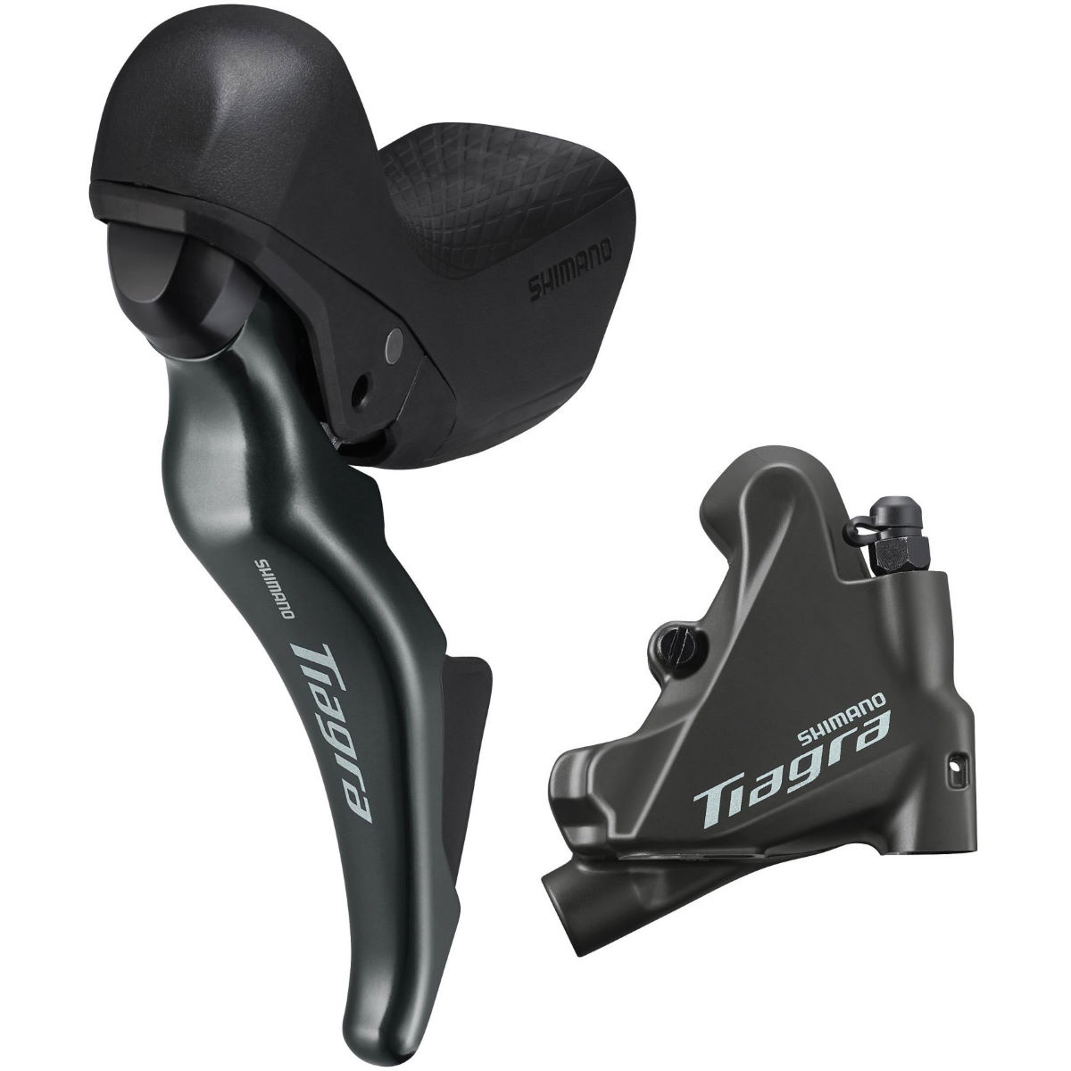 Black and green Shimano Tiagra 4725 10-speed STI shift levers with textured grips, paired with sleek hydraulic disc calipers, showcasing a modern design for enhanced cycling performance.