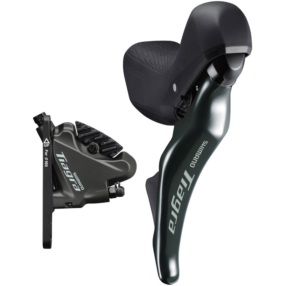 Shimano Tiagra 4725 10-speed STI shift levers in black with ergonomic grip, paired with hydraulic disc calipers in dark gray, designed for rear shifting and front braking.