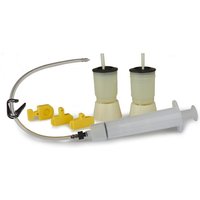 Shimano TL-BR002 disc brake bleed kit with syringe, tubing, two yellow adapters, and two fluid catch bottles.
