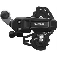 Black Shimano Tourney TY200 rear derailleur with silver accents and visible tension pulley.