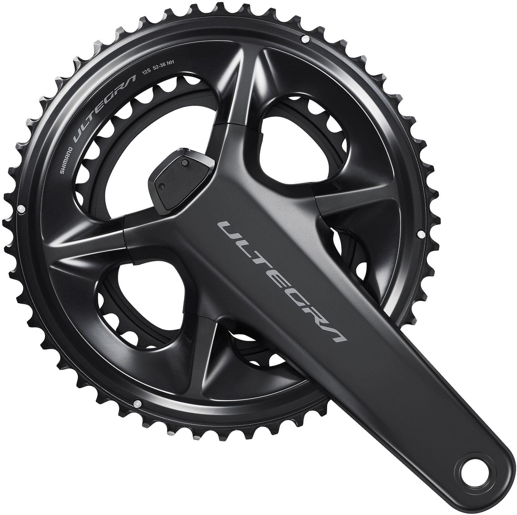 Black Shimano Ultegra 12-speed power meter chainset, 52/36T chainrings, 170mm crank arms, sleek design.