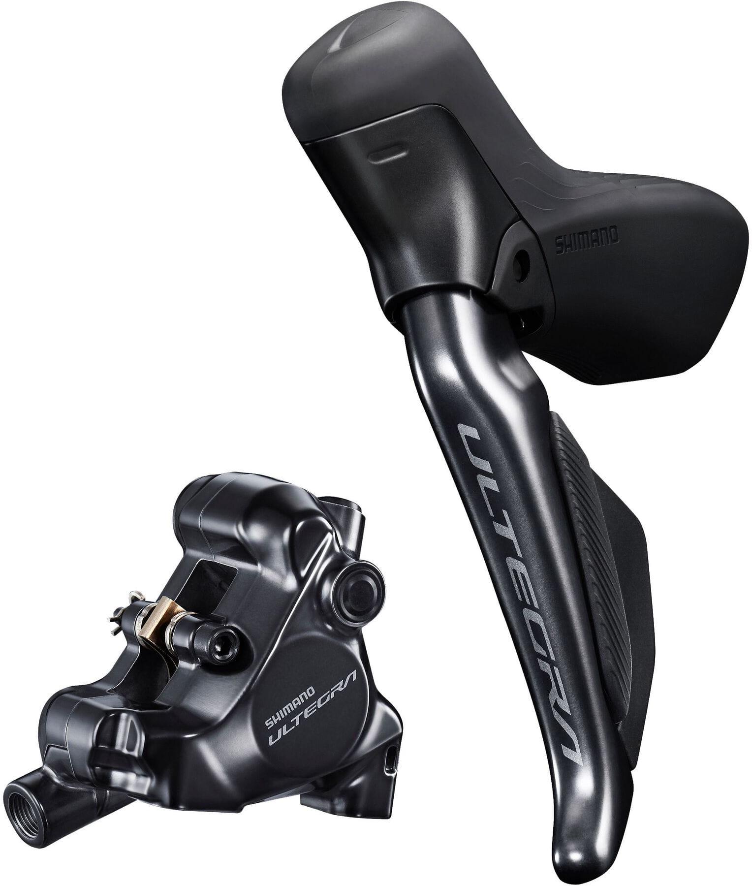 Shimano Ultegra R8170 Di2 black hydraulic disc brake lever and caliper set with sleek ergonomic design.