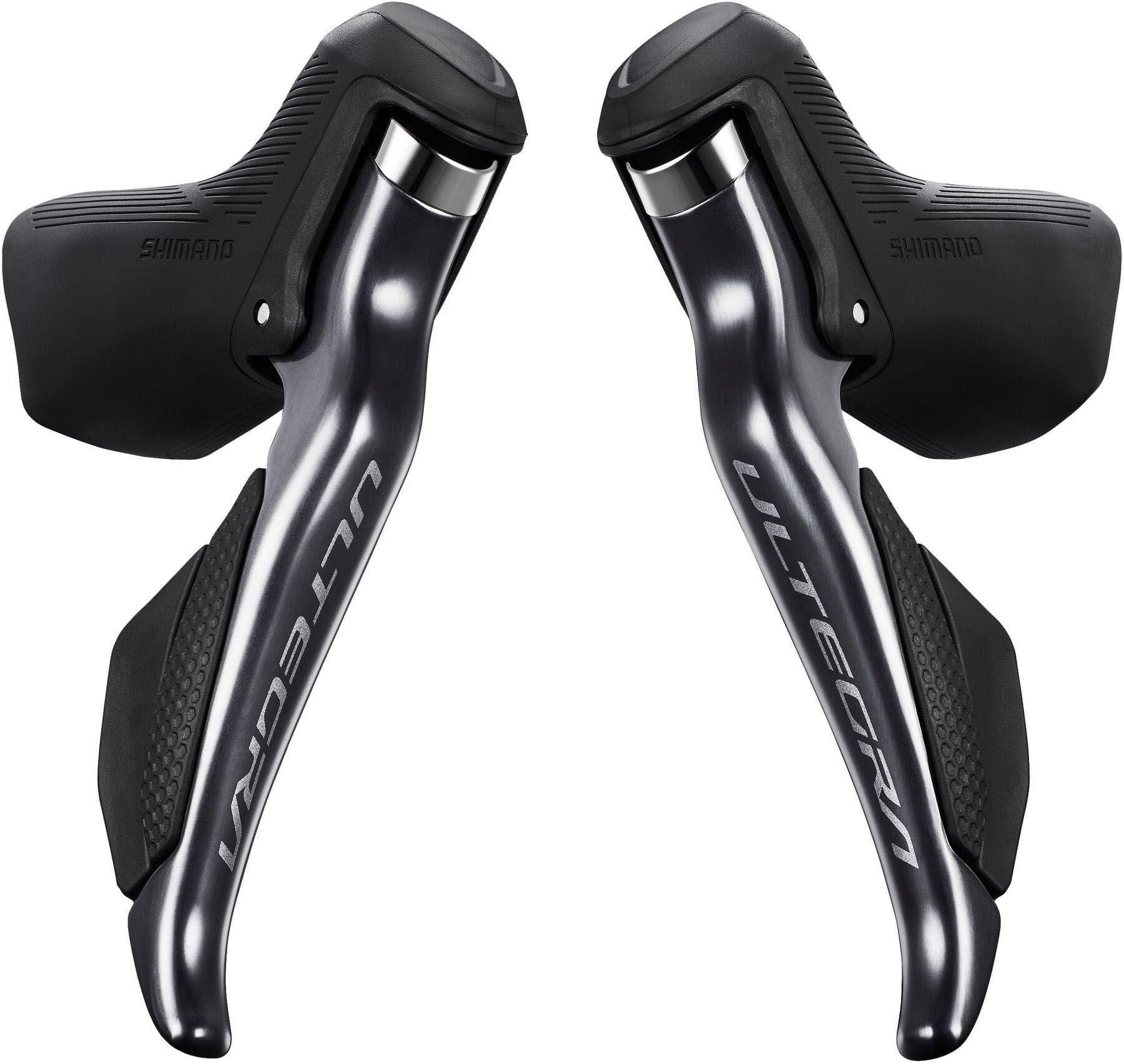 Black and silver Shimano Ultegra Di2 12-speed STI levers with ergonomic grip and sleek aerodynamic design.