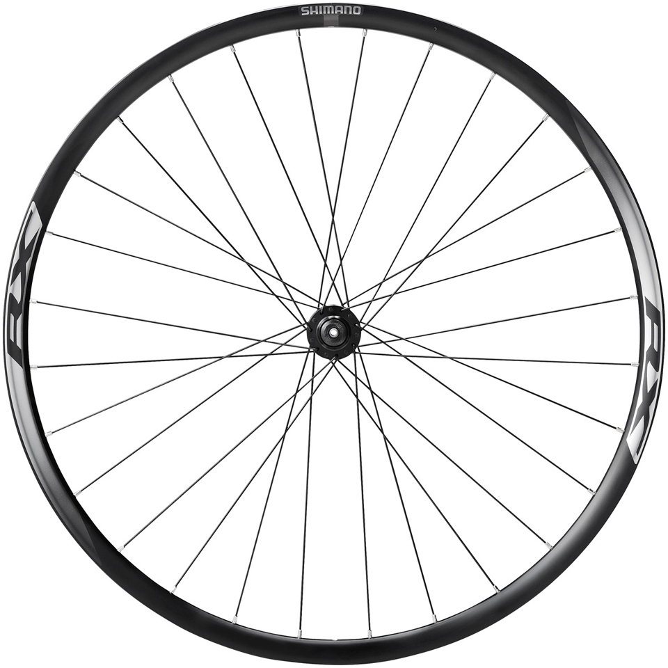 Black Shimano RX010 700C disc front road wheel featuring a sleek design, multiple spokes, and a smooth hub for optimal performance.