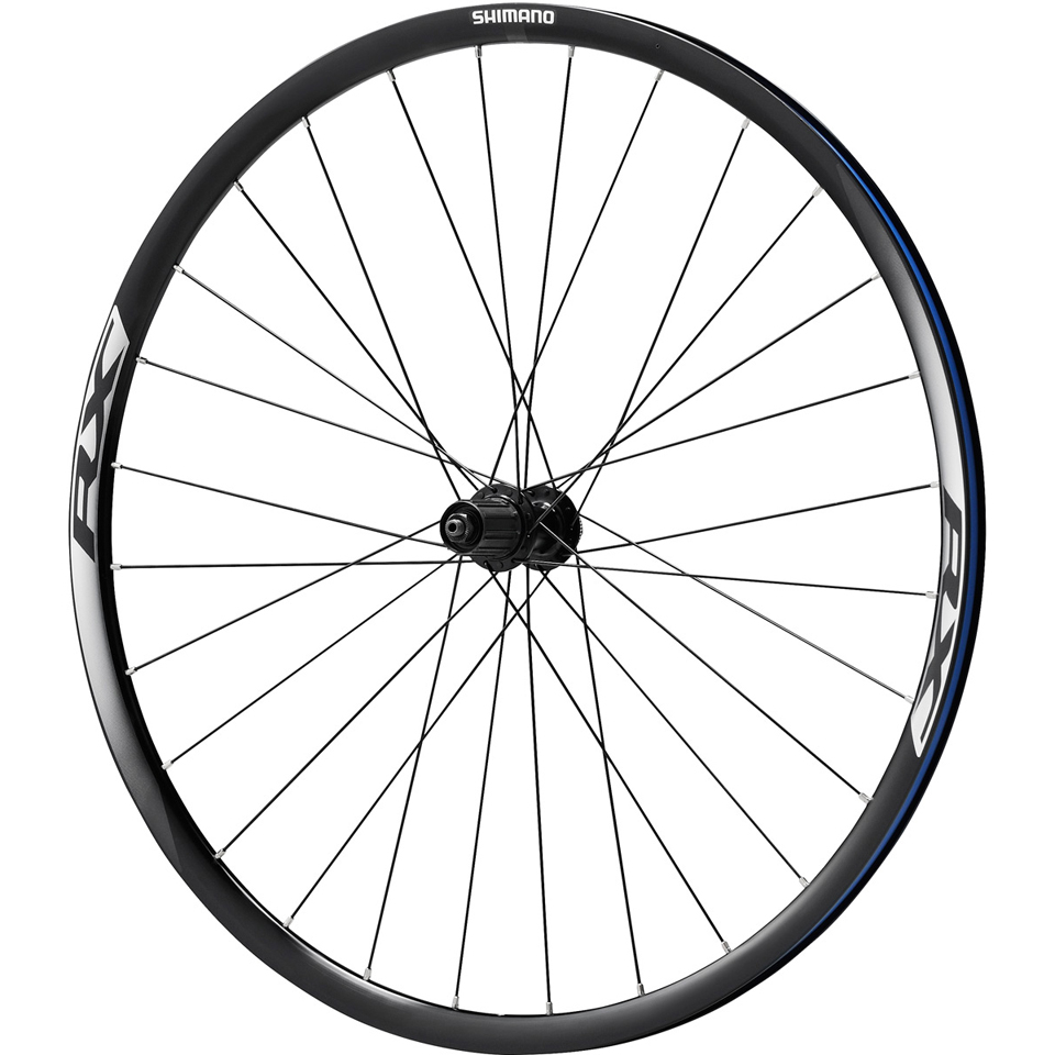 Shimano WH-RX010 rear road wheel with a 24 mm deep black rim, clincher design, and quick-release axle, featuring a sleek blue accent and multiple spokes for durability.