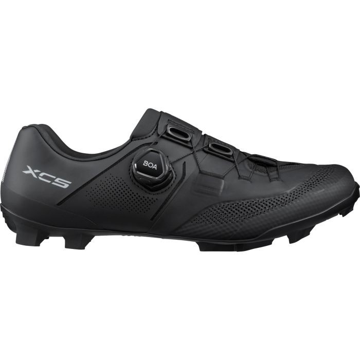 Black Shimano XC5 (XC503) cycling shoes in size 42 Wide, featuring a sleek design, breathable mesh, and a BOA dial for secure fit adjustment.
