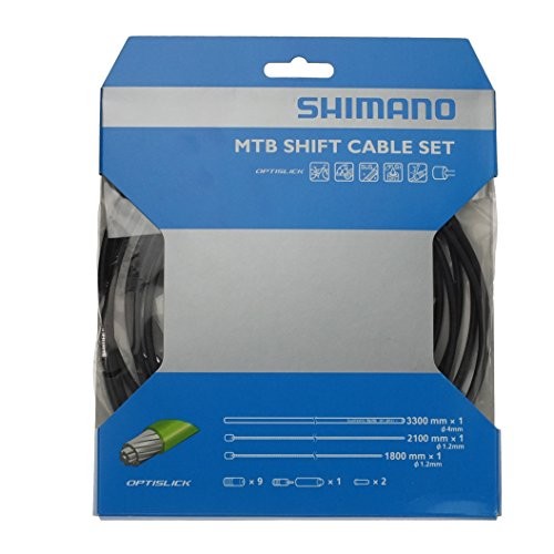 Shimano XT M8000 MTB Gear Cable Set in a blue and white packaging, featuring black cables and detailed specifications for length and diameter.
