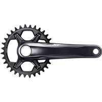 Black Shimano XT M8100 Hollowtech II 12-speed crankset with sleek arms and no chainring.