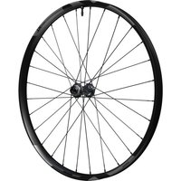 Black Shimano XT M8200 Deore XT front wheel, 29-inch with sleek spokes and a sturdy hub design.