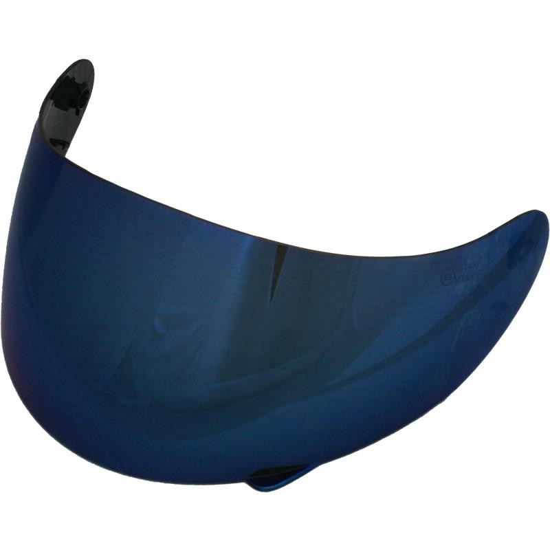 Iridium blue visor with a sleek, curved design, made of durable material, featuring a reflective finish and ventilation holes for enhanced airflow.