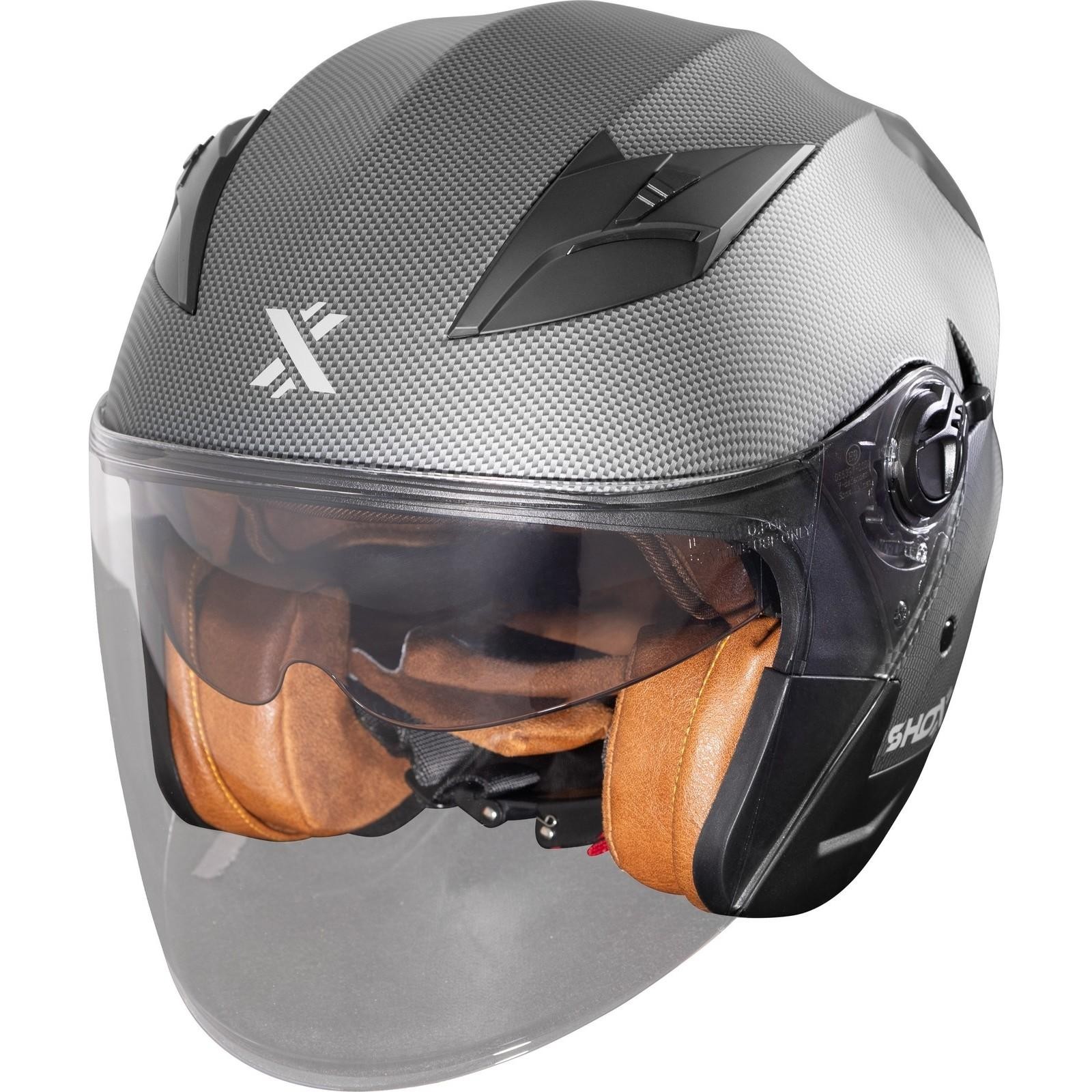 Matt carbon effect open face motorcycle helmet in XL size, featuring a clear visor, brown interior padding, and black accents with a logo on the front.