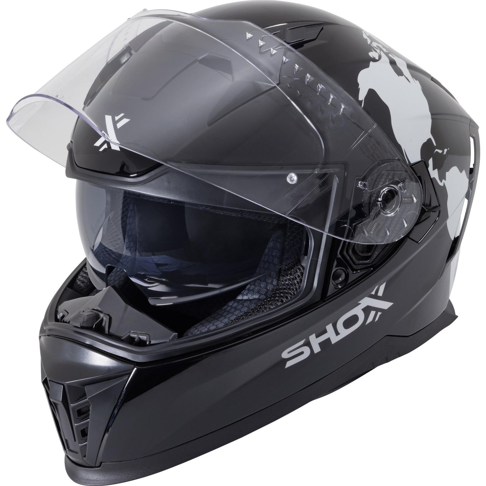 Gloss black and grey Shox Eclipse Atlas motorcycle helmet in XL size, featuring a clear visor, aerodynamic design, and ventilation ports for comfort and safety.