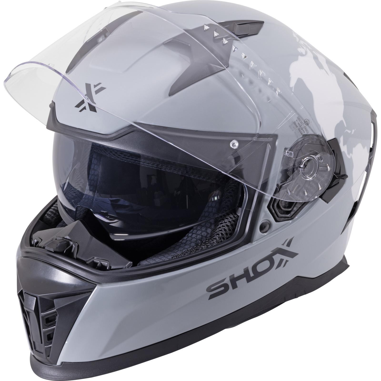 Gloss grey and white Shox Eclipse Atlas motorcycle helmet in size XL, featuring a clear visor, aerodynamic design, and ventilation ports for enhanced airflow.