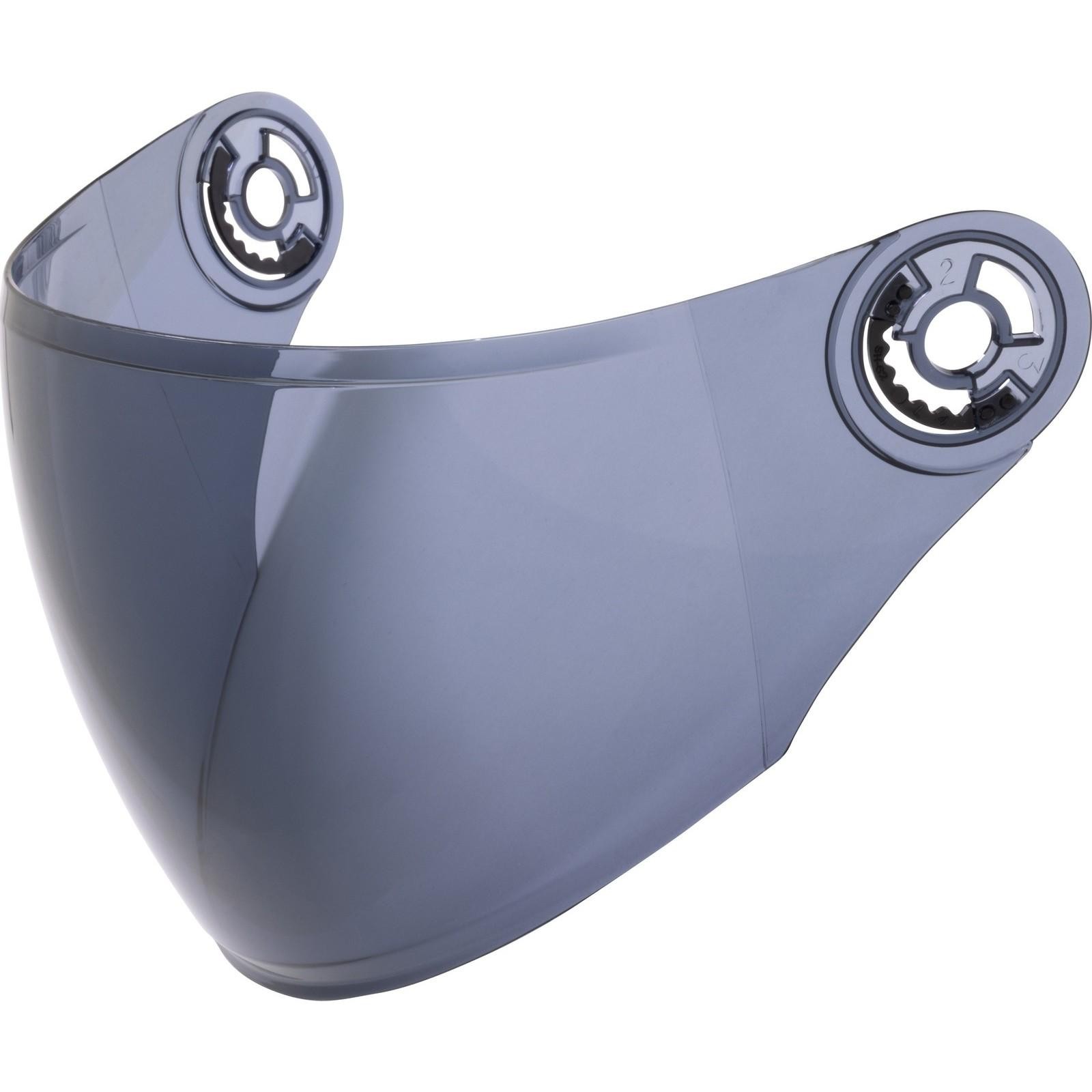 Dark smoke visor by Shox, featuring a sleek, curved design with adjustable mounting points for secure attachment, made from durable, lightweight material.