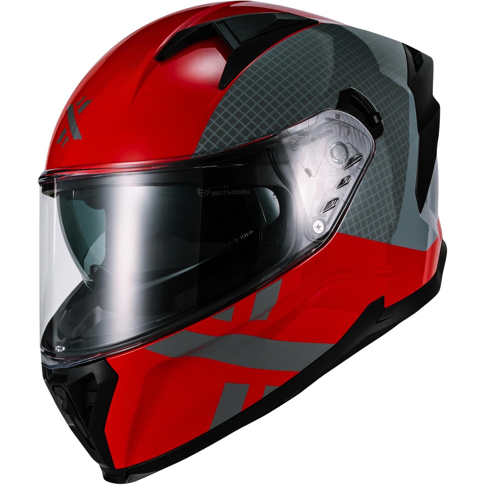 Gloss red motorcycle helmet with a sleek design, featuring gray geometric patterns, a clear visor, and ventilation ports, labeled as Shox Rapid Speedway in size XL.