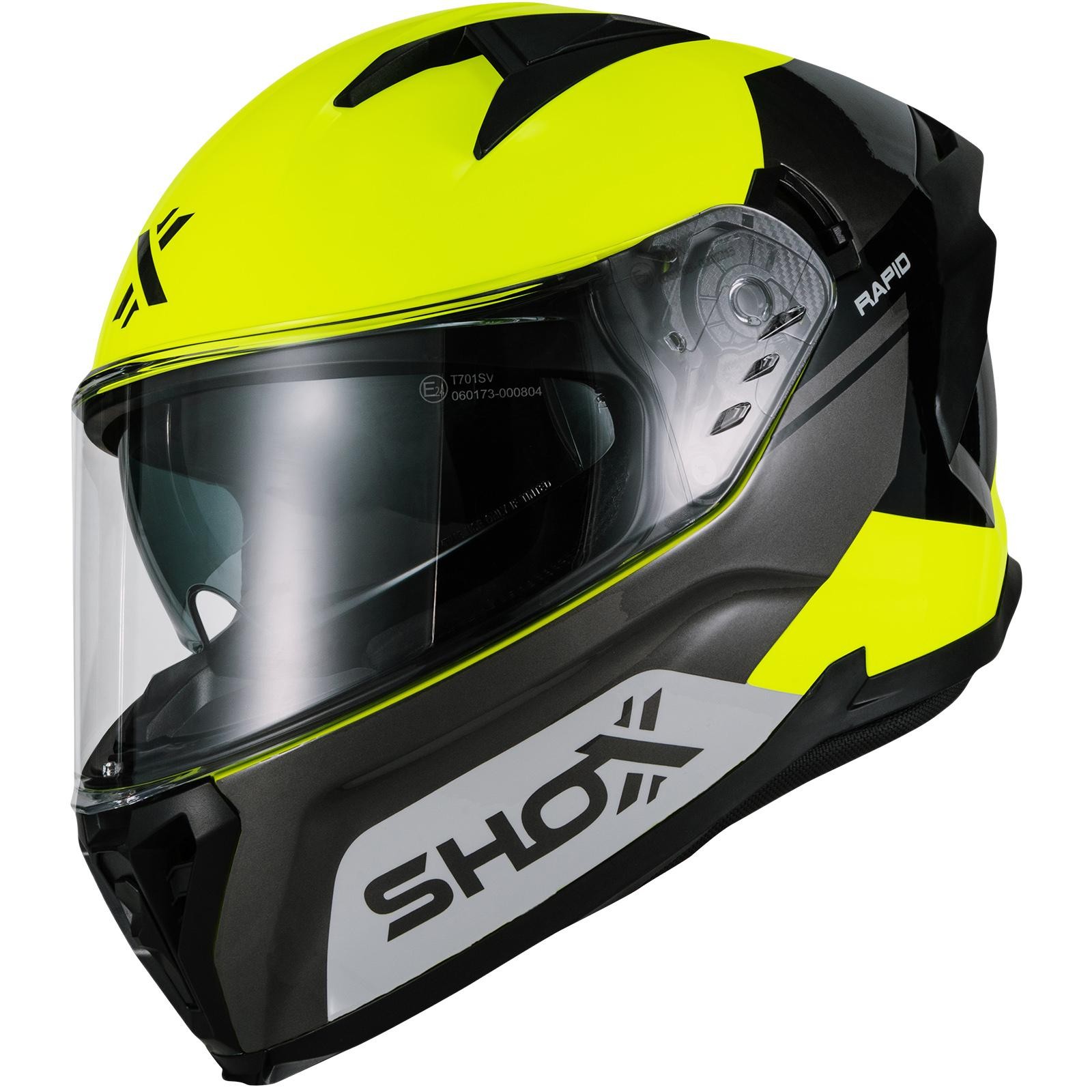 Gloss grey motorcycle helmet with hi-vis yellow accents, featuring a clear visor, aerodynamic design, and bold "SHOX" branding on the side.