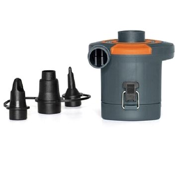 Black and gray electric air pump with an orange accent, featuring a nozzle attachment and three additional nozzles for various inflatables, designed for D cell battery operation.