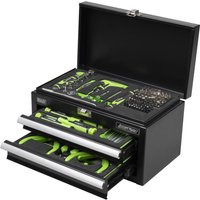Black mini tool chest with open lid, revealing green-handled tools and two open drawers with organized hand tools.