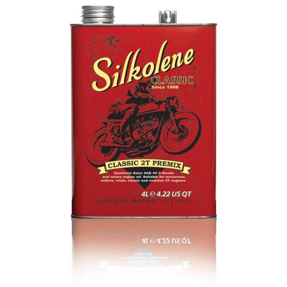 Red metal canister labeled "Silkolene Classic 2T Pre Mix" with a vintage motorcycle graphic, featuring a silver screw cap and a capacity of 4 litres.