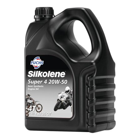 Black plastic container of Silkolene Super-4 Oil, 20W50, 4 liters, featuring a handle and a label with a motorcycle graphic and product details.