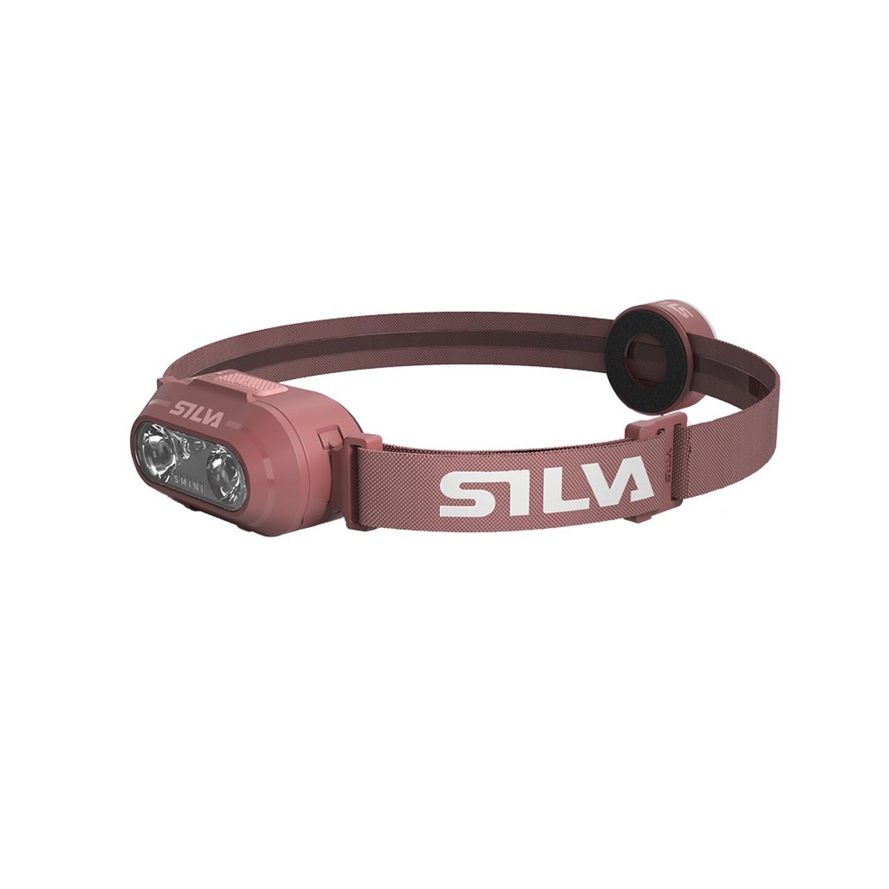 Rose-colored Silva Smini headlamp featuring a soft strap, two bright LED lights, and a sleek, compact design, ideal for outdoor activities.
