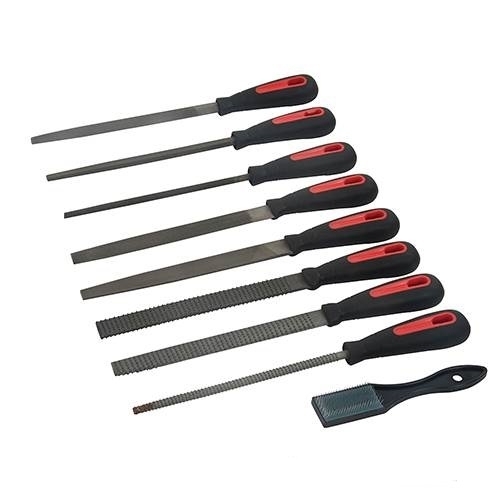 Nine-piece Silverline file and rasp set featuring metal files with black rubberized handles and red accents, including various shapes for diverse filing tasks.
