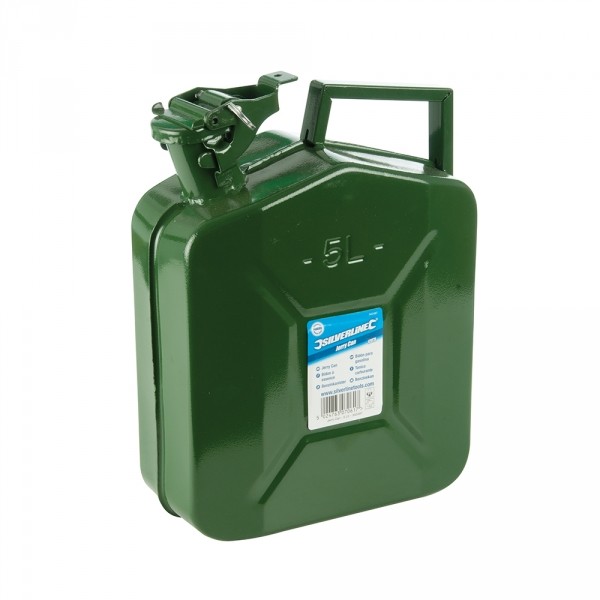 Green metal jerry can with a 5L capacity, featuring a sturdy handle, a spout for pouring, and a label on the front indicating the brand Silverline.