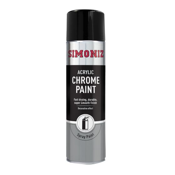 A silver spray paint can with a glossy chrome finish, labeled "Simoniz Acrylic Chrome Paint," featuring a black cap and text highlighting its fast-drying and durable qualities.