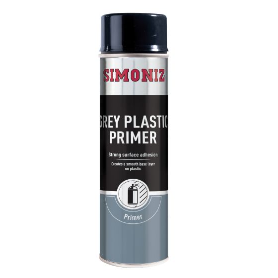 Grey plastic spray primer in a 500ml canister, featuring a black cap, bold "SIMONIZ" branding, and a label highlighting strong surface adhesion and smooth base layer creation.