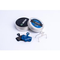 Blue and black Sinter 06 brake pads with metal spring clip, in round silver tin with black and blue lid labels.