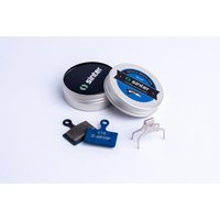 Sinter 18 Shimano K Type Brake Pads, blue and black pads with metal clips, in round silver tin packaging.
