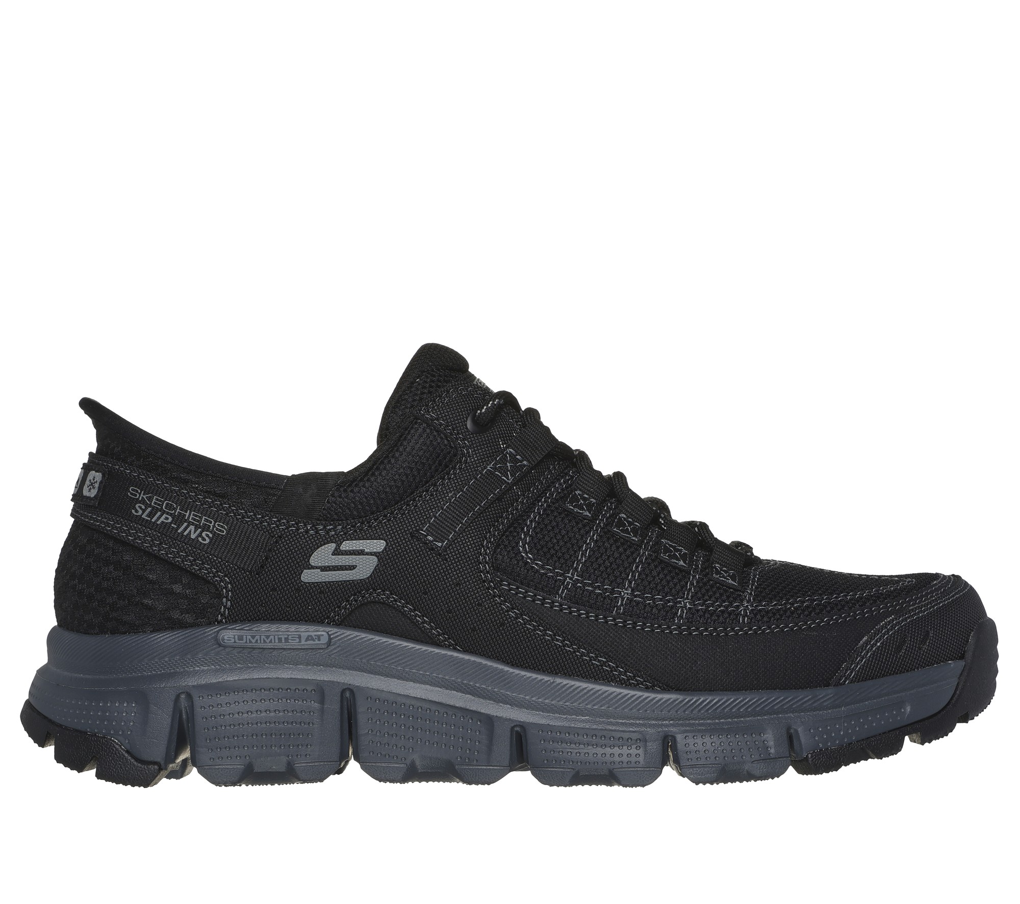 Black and charcoal Skechers Men's Summits hiking shoes featuring a breathable mesh upper, cushioned sole, and lace-up design for comfort and support during outdoor activities.