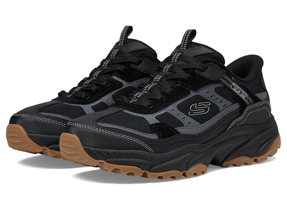 Men's Skechers Sport Vigor sneaker in black with gray accents, featuring a mesh and synthetic upper, lace-up design, and a rugged gum outsole for traction.
